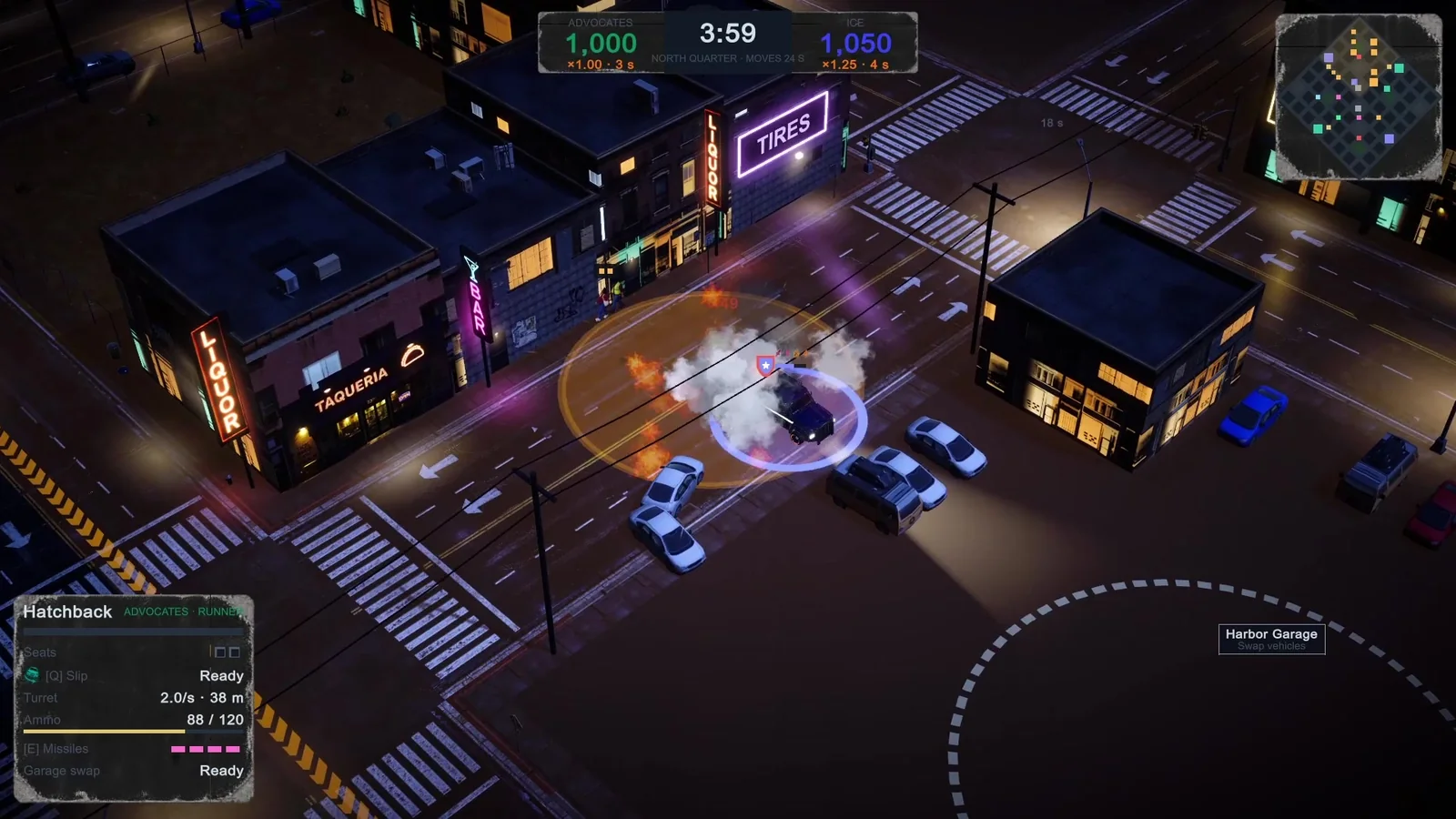 A firefight outside the taqueria with smoke and cars scattering